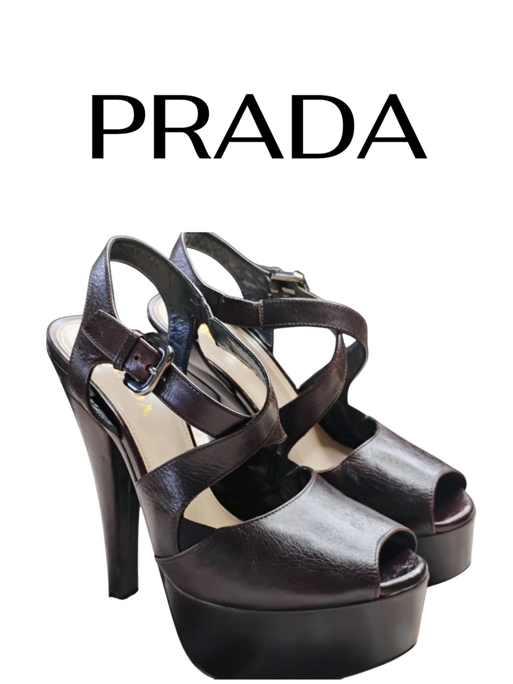 Prada Nappa Leather Platform Sandals Crisscross PLATFORM peep toe Heels 9 / 39.5